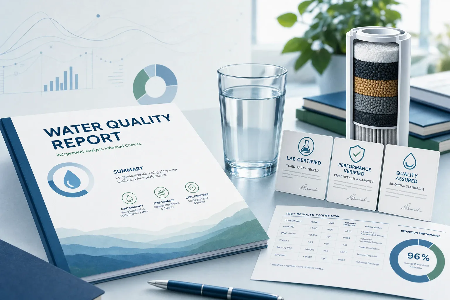 Water filter claim receipts and a water quality report on a desk
